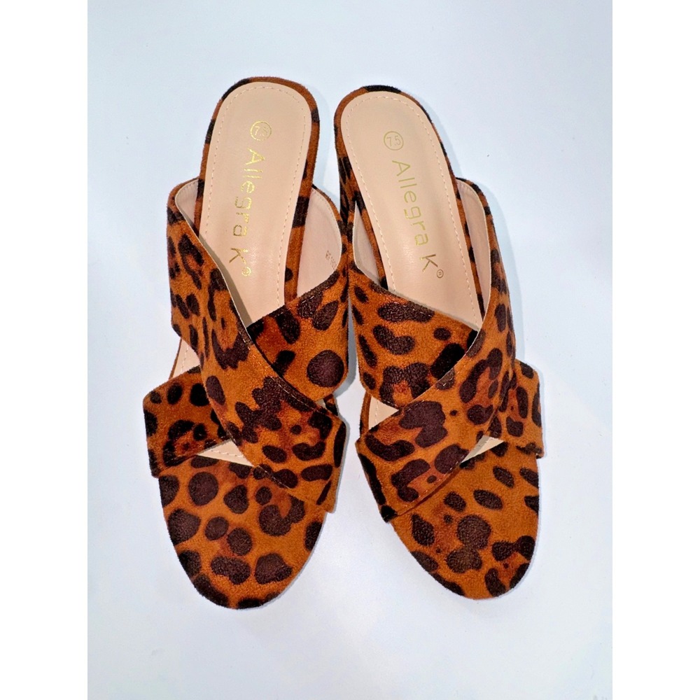 Allegra K Crisscross Strap Block 7.5 mule Heel Slide Sandal leopard Y2K Coquette - Picture 2 of 10